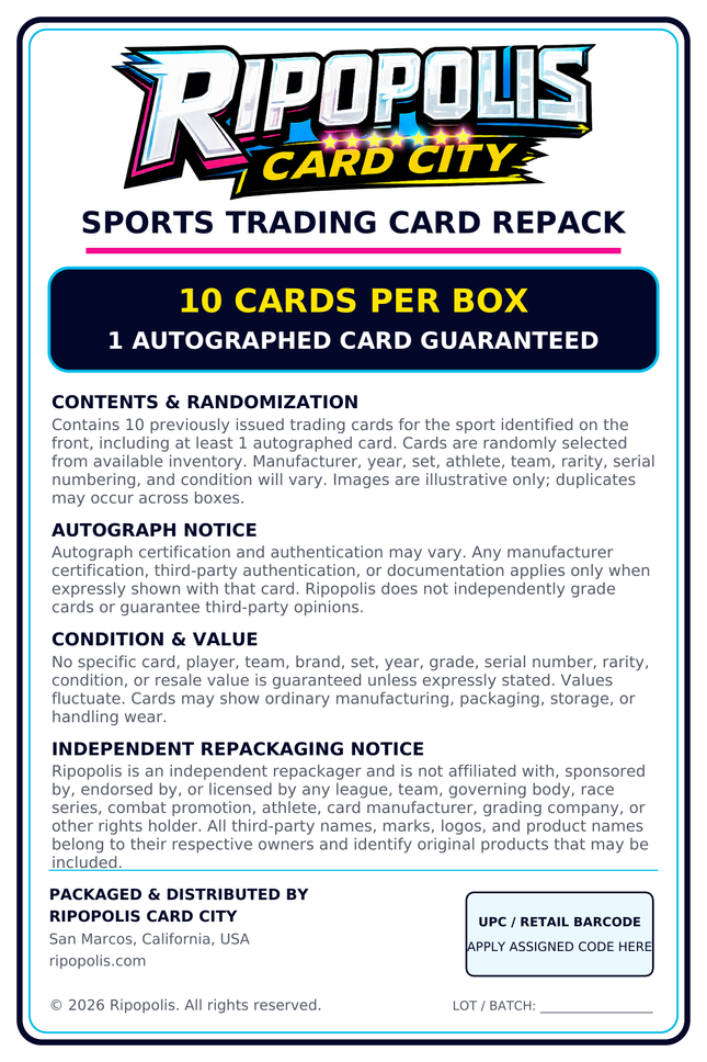 Ripopolis Checkered Charge — Stock Car Racing Autograph Box — 10 Cards